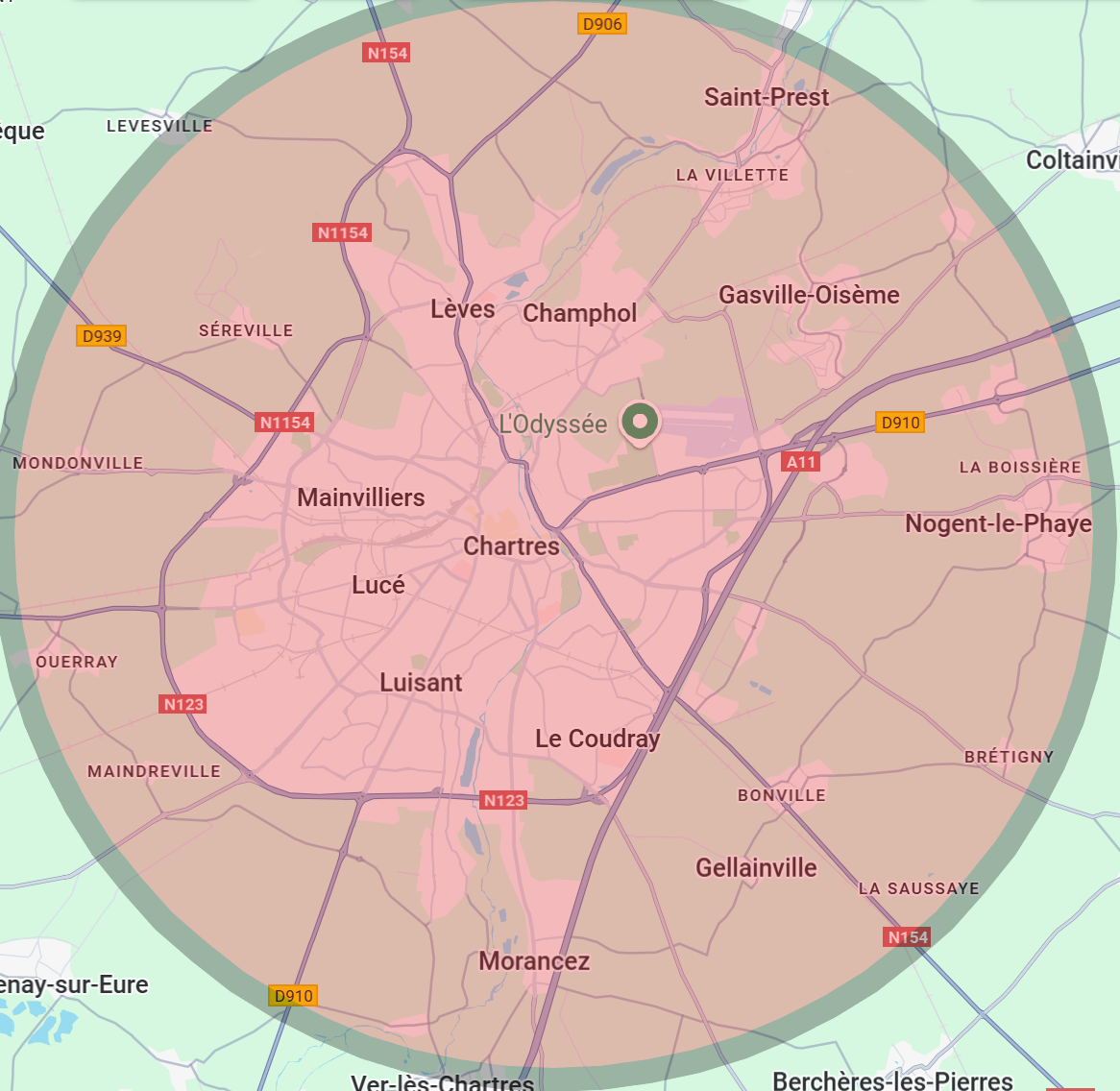 Zone d'intervention de 3A Thermie autour de Chartres