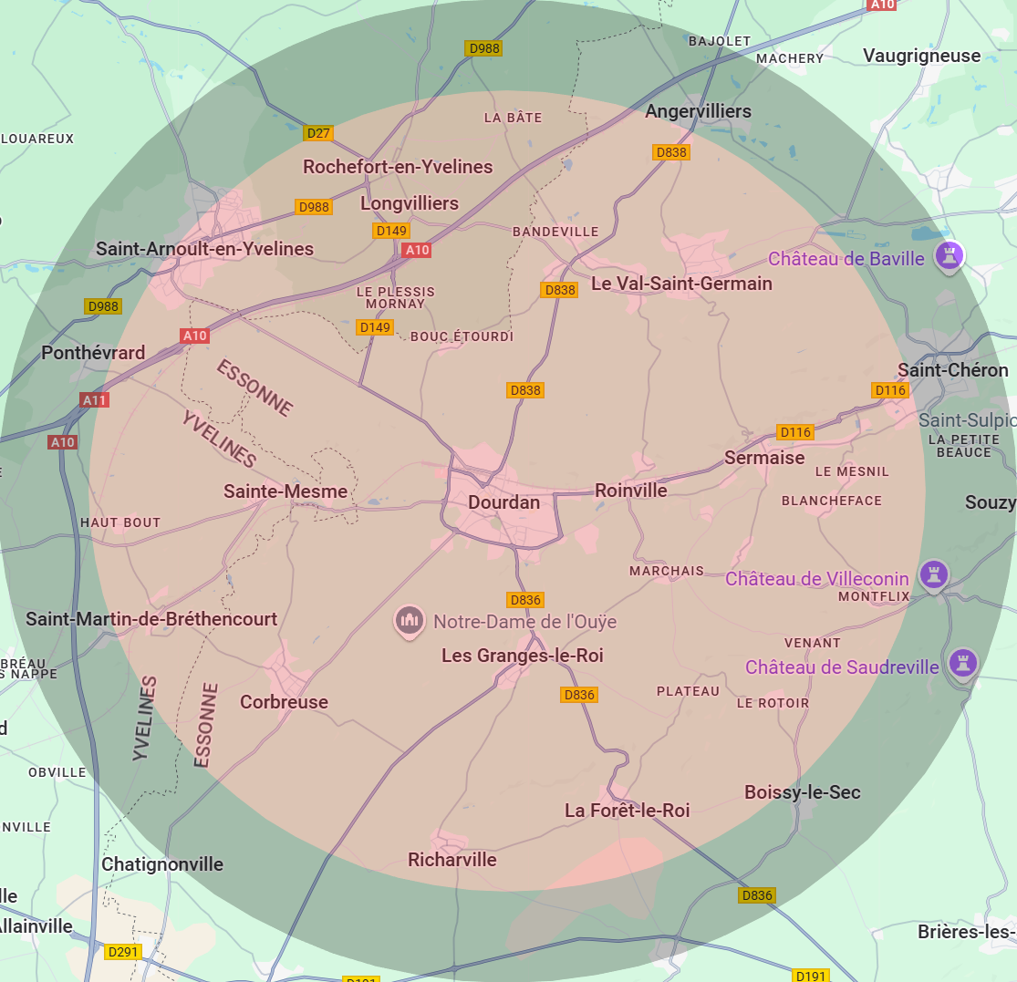 Zone d'intervention de 3A Thermie autour de Dourdan