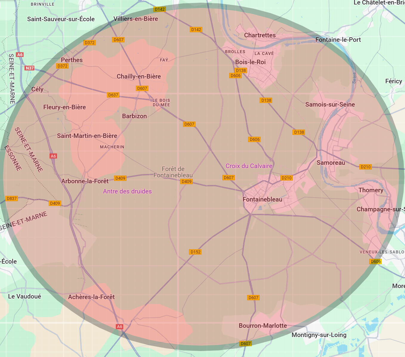 Zone d'intervention de 3A Thermie autour de Fontainebleau