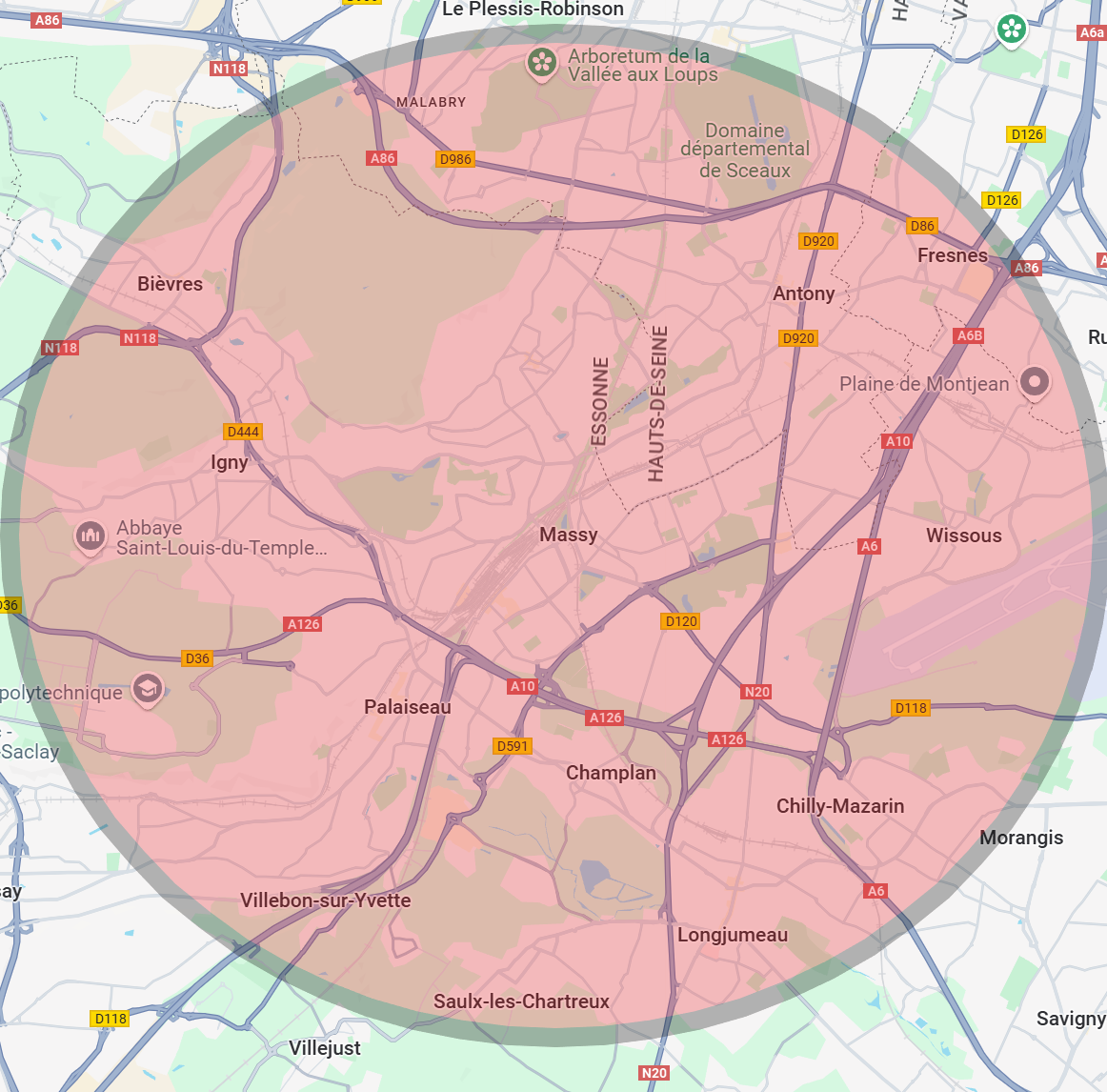 Zone d'intervention de 3A Thermie autour de Massy