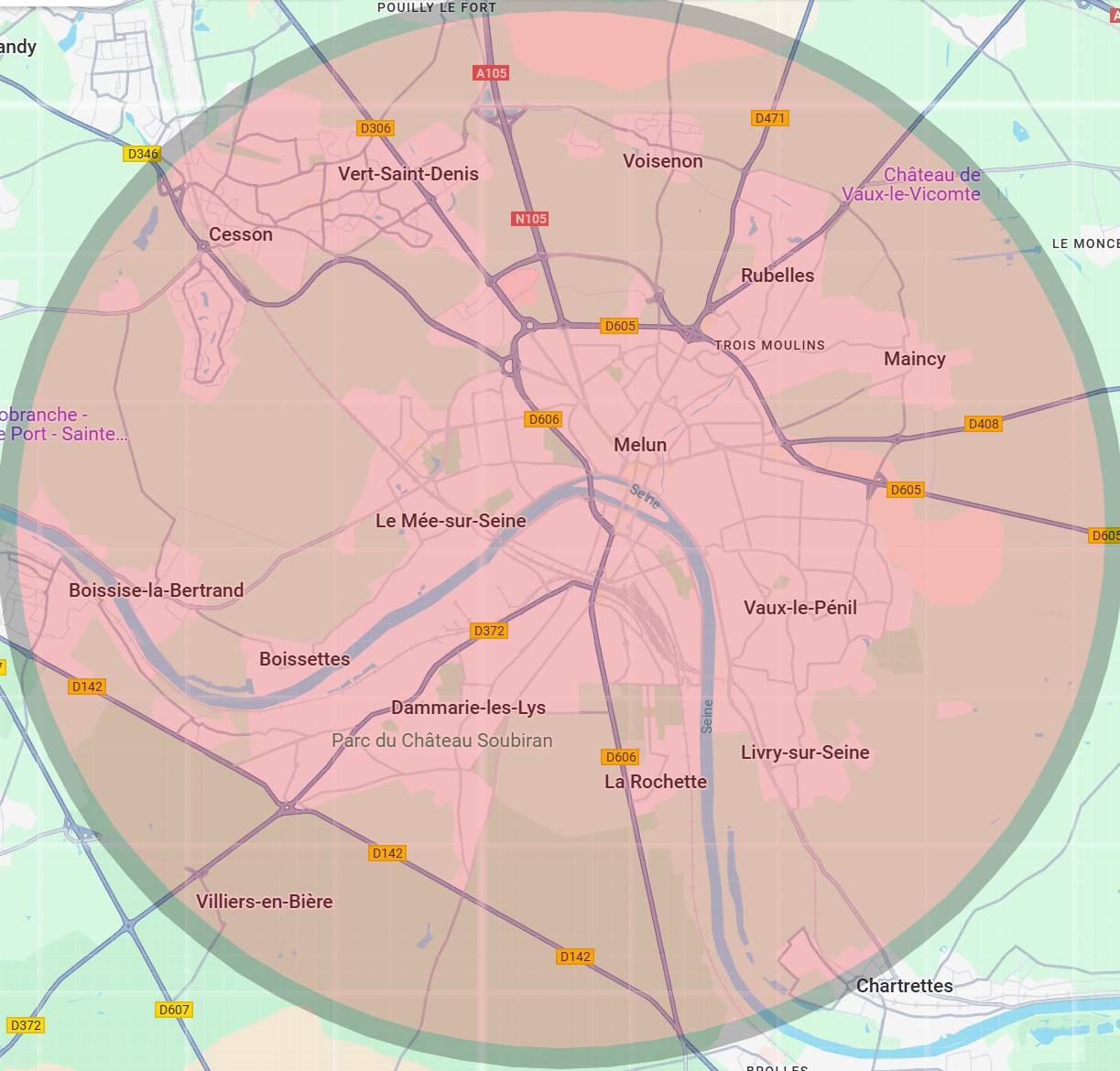 Zone d'intervention de 3A Thermie autour de Melun