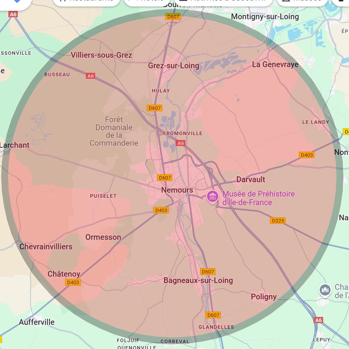 Zone d'intervention de 3A Thermie autour de Nemours