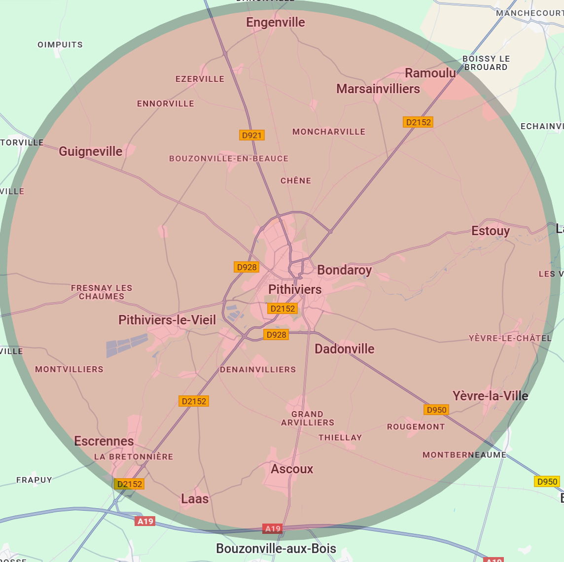 Zone d'intervention de 3A Thermie autour de Pithiviers