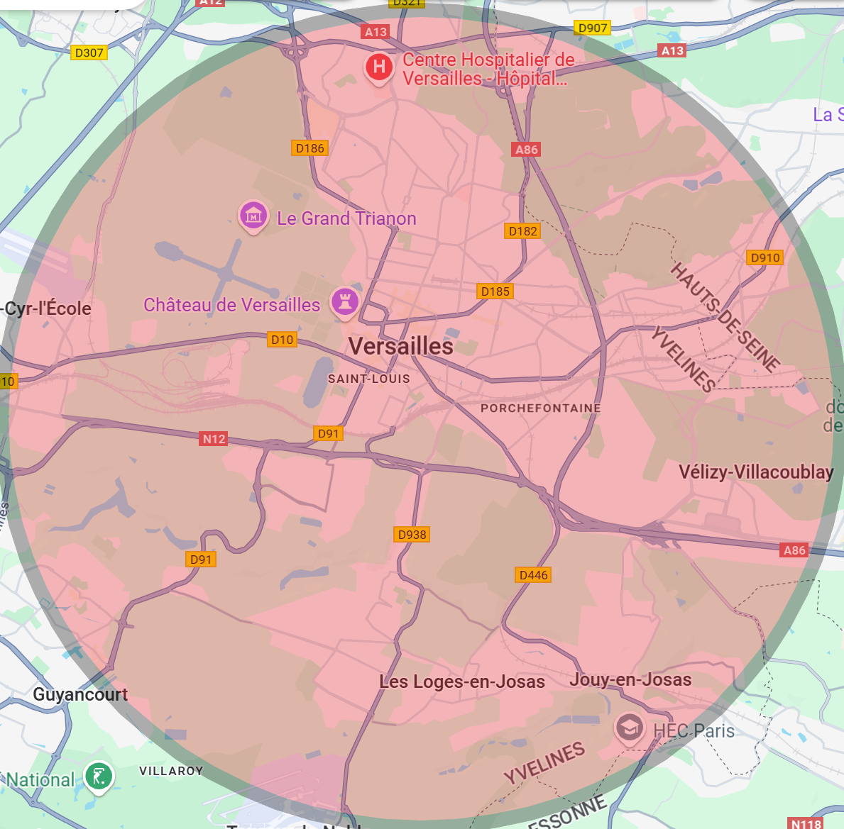 Zone d'intervention de 3A Thermie autour de Versailles